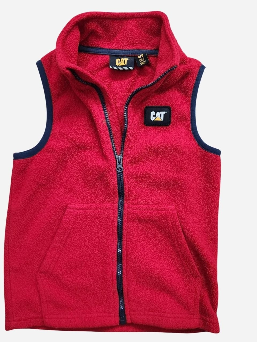 CAT Caterpillar Youth Boys Fleece Red Vest Navy Blue Trim with Pockets Size 5/6